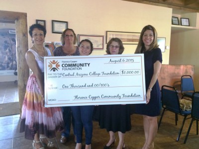 Present for the Florence Copper Community Foundation's (FCCF) presentation of a $1,000 grant check to the Central Arizona College Foundation's (CACF) Promise for the Future program are: Rebecca Rios, FCCF president; Stacy Gramazio, FCCF senior community affairs advisor; Ashley Martinez, a student benefits from the Promise program; Margaret Dooley, CACF director; and Niki Cook FCCF community affairs advisor. Florence Copper | Submitted