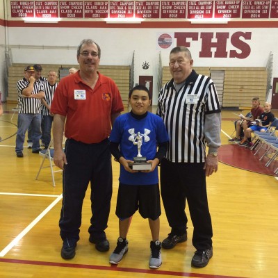 Damen Smith, first place, with State Hoop Shoot director, left, Greg Boyce and District Director Mike Murphy.