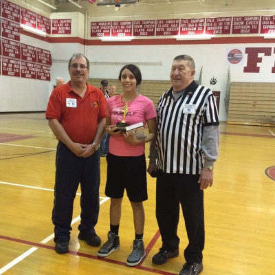 Sarah Perez, first place, with State Hoop Shoot director, left, Greg Boyce and District Director Mike Murphy.