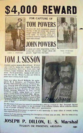 A United States Marshals wanted poster for Tom Sisson and the Power brothers. (Photo Courtesy wikipedia.org)